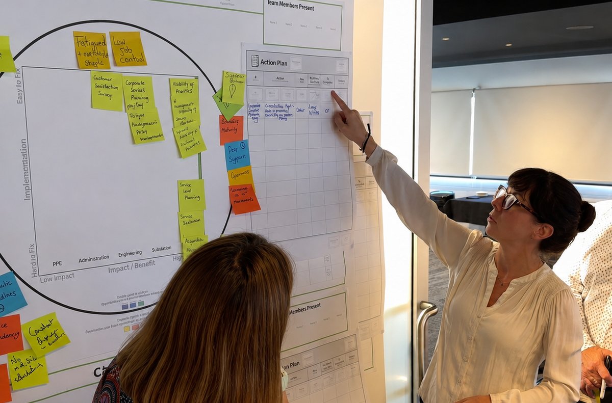 Charlotte Cordier at a prioritisation matrix on the wall, opportunities mapped by impact against ease of fix